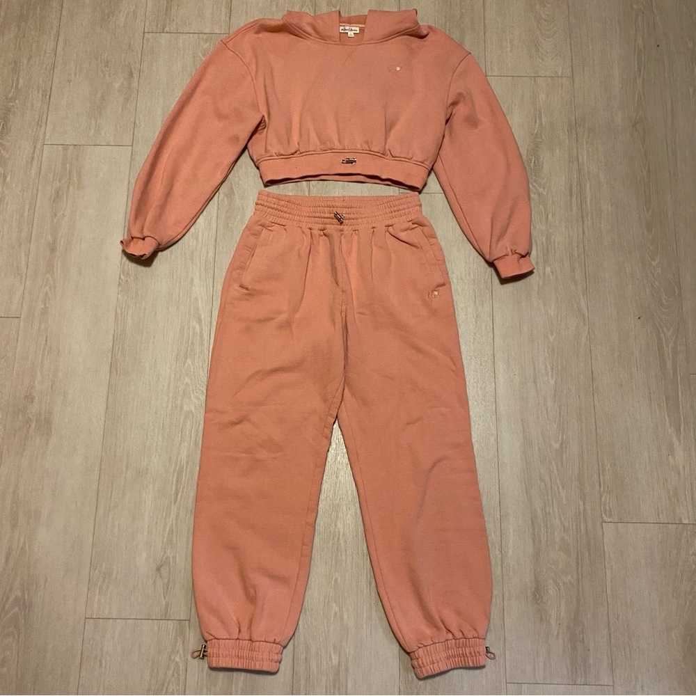 For Love And Lemons Josie Crop Hoodie + Sweatpants Set Athleisure Pink Cozy